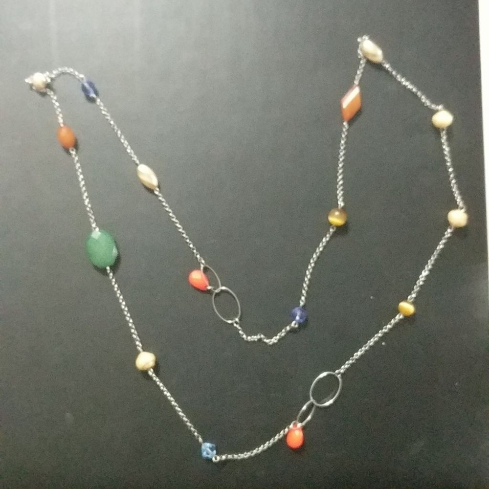 Silver Tone Pearl and Multi Color Bead Long Statement Necklace